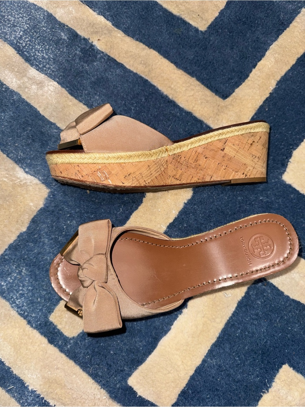 Tory Burch Women’s 8.5M Bow Wedge Sandals Cork Espadrille Tan Leather